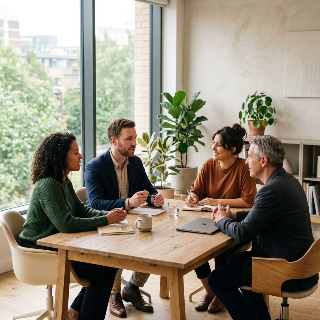 Reunión profesional: un pequeño grupo de profesionales conversando con calma en un espacio luminoso y natural